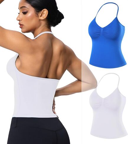 2 Pack Halter Tank with Built in Bra for Women, V Neck Soft Padded, Sports Bras Strappy Tank Backless Workout Gym Top in Saudi Arabia
