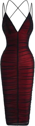 Women's Mesh Ruched Bodycon Dress Backless Criss Cross Deep V Neck Midi Evening Party Club Dresses in Kuwait