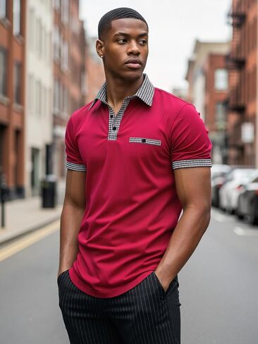 Men’s Slim-Fit Polo Shirt: Short-Sleeve Top with Plaid Accents on Collar, Cuffs & Pocket – Suitable for Casual Daily Wear in Kuwait