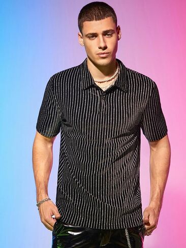 Men's Striped Glitter Shirt Short Sleeve Party Rave Shirts in Kuwait