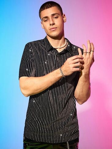 Men's Striped Glitter Shirt Short Sleeve Party Rave Shirts in Kuwait
