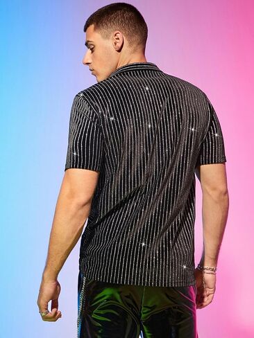 Men's Striped Glitter Shirt Short Sleeve Party Rave Shirts in Kuwait