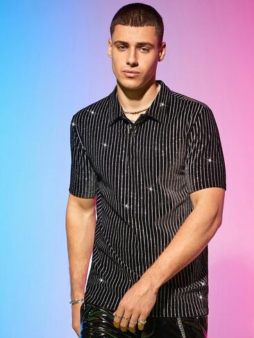 Men's Striped Glitter Shirt Short Sleeve Party Rave Shirts in Kuwait