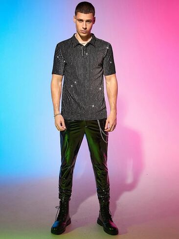 Men's Striped Glitter Shirt Short Sleeve Party Rave Shirts in Kuwait