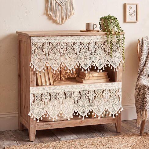 2 Pack Boho Crochet Lace Curtain Valance, 35" W x 15" L Handmade Rod Pocket Kitchen Window Curtains, Farmhouse Light Filtering Sheer Curtains for Cabinet, Doorway, Coffee Bar & Small Windows in Saudi Arabia
