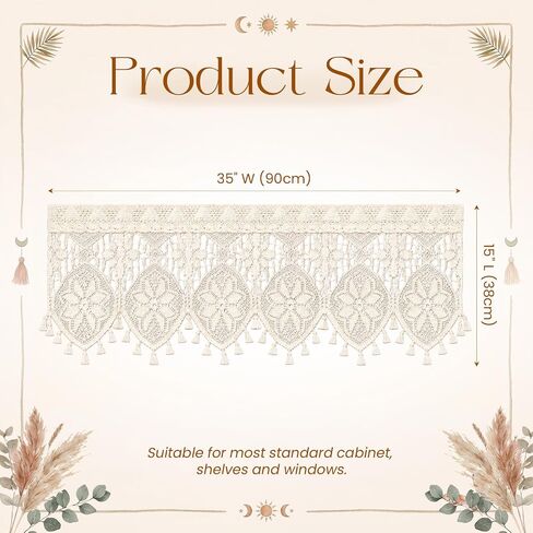 2 Pack Boho Crochet Lace Curtain Valance, 35" W x 15" L Handmade Rod Pocket Kitchen Window Curtains, Farmhouse Light Filtering Sheer Curtains for Cabinet, Doorway, Coffee Bar & Small Windows in Saudi Arabia