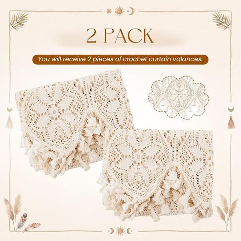 2 Pack Boho Crochet Lace Curtain Valance, 35" W x 15" L Handmade Rod Pocket Kitchen Window Curtains, Farmhouse Light Filtering Sheer Curtains for Cabinet, Doorway, Coffee Bar & Small Windows in Saudi Arabia