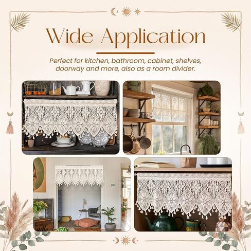 2 Pack Boho Crochet Lace Curtain Valance, 35" W x 15" L Handmade Rod Pocket Kitchen Window Curtains, Farmhouse Light Filtering Sheer Curtains for Cabinet, Doorway, Coffee Bar & Small Windows in Saudi Arabia