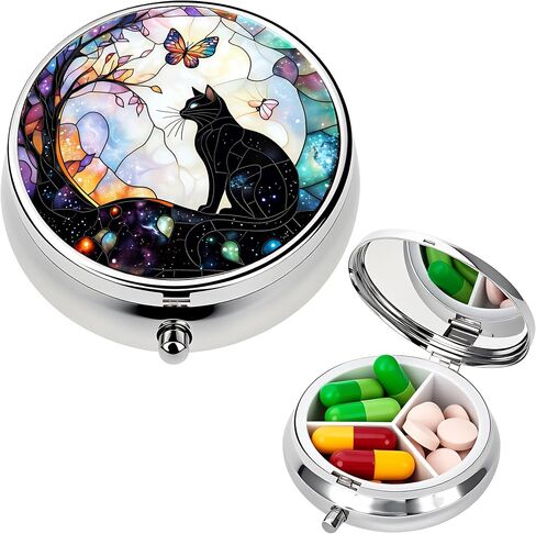 Stylish Black Cat and Butterfly-Themed Pill Box with 3 Compartments – Compact and Durable Organizer for Supplements and Medication in Saudi Arabia
