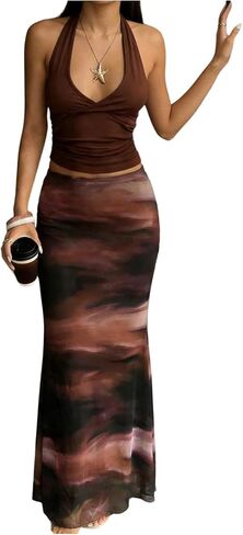BEAUDRM Women's Tie Dye Fishtail Skirt Y2k Mesh Low Rise Going Out Bodycon Maxi Skirts in Saudi Arabia