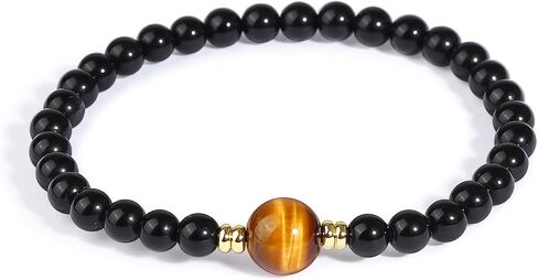 Black Obsidian & Tiger Eye Bracelet for Men and Women – Natural Crystal Stretch Bracelet for Mindfulness, Confidence & Everyday Wear Healing Energy Bracelet Gifts for Unisex Adult 7-inch (18cm) in Saudi Arabia
