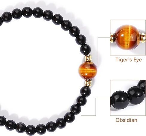 Black Obsidian & Tiger Eye Bracelet for Men and Women – Natural Crystal Stretch Bracelet for Mindfulness, Confidence & Everyday Wear Healing Energy Bracelet Gifts for Unisex Adult 7-inch (18cm) in Saudi Arabia
