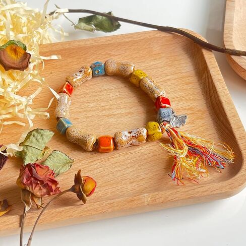 Boho Funky Native American Jewelry,Vintage Colorful Statement Hippie Tassel Beaded Ceramic Handmade Bohemian Antique Elastice Bracelet for Women 2025 in Saudi Arabia