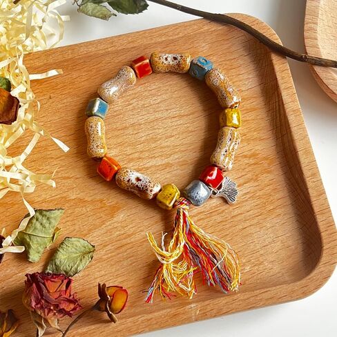 Boho Funky Native American Jewelry,Vintage Colorful Statement Hippie Tassel Beaded Ceramic Handmade Bohemian Antique Elastice Bracelet for Women 2025 in Saudi Arabia