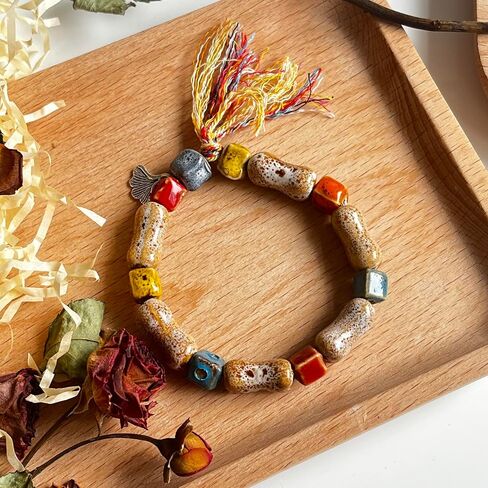 Boho Funky Native American Jewelry,Vintage Colorful Statement Hippie Tassel Beaded Ceramic Handmade Bohemian Antique Elastice Bracelet for Women 2025 in Saudi Arabia