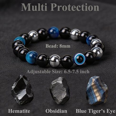 Evil Eye Bracelet 8mm Hematite Black Obsidian Blue Tiger Eye Bracelet for Men Women Multi Protection Beaded Bracelets Healing Crystal Stone Jewelry Gift in Saudi Arabia