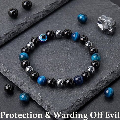 Evil Eye Bracelet 8mm Hematite Black Obsidian Blue Tiger Eye Bracelet for Men Women Multi Protection Beaded Bracelets Healing Crystal Stone Jewelry Gift in Saudi Arabia