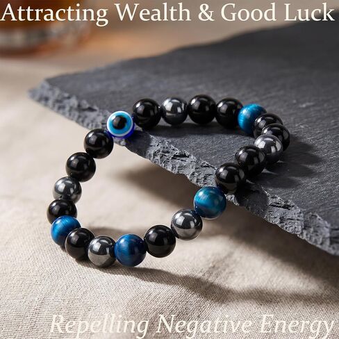 Evil Eye Bracelet 8mm Hematite Black Obsidian Blue Tiger Eye Bracelet for Men Women Multi Protection Beaded Bracelets Healing Crystal Stone Jewelry Gift in Saudi Arabia