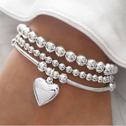 3Pcs Silver Plated Beaded Bracelets Set for Women, Boho Heart Stretch Bracelet Stack Ball Beaded Tube Bangle Bracelet Jewelry Set for Gifts in Kuwait