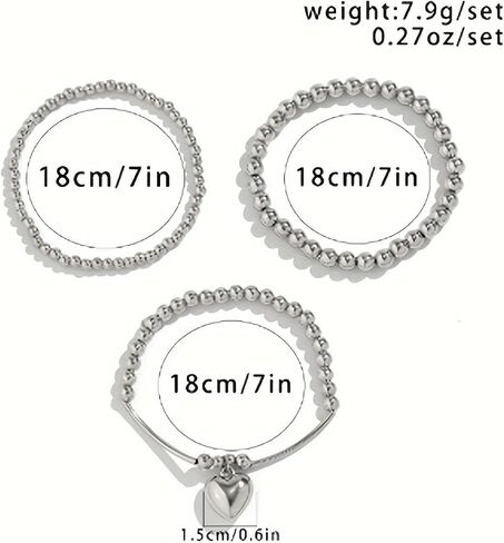 3Pcs Silver Plated Beaded Bracelets Set for Women, Boho Heart Stretch Bracelet Stack Ball Beaded Tube Bangle Bracelet Jewelry Set for Gifts in Kuwait