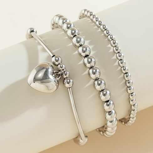 3Pcs Silver Plated Beaded Bracelets Set for Women, Boho Heart Stretch Bracelet Stack Ball Beaded Tube Bangle Bracelet Jewelry Set for Gifts in Kuwait
