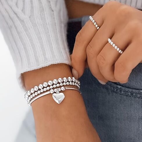 3Pcs Silver Plated Beaded Bracelets Set for Women, Boho Heart Stretch Bracelet Stack Ball Beaded Tube Bangle Bracelet Jewelry Set for Gifts in Kuwait
