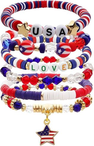 Patriotic USA Bracelets for Women Men Teens Red White Blue Clay Beaded Stackable Stretch Bracelets 4th of July Accessories Independence Day Patriotic Jewelry for Holiday Celebrations in Saudi Arabia