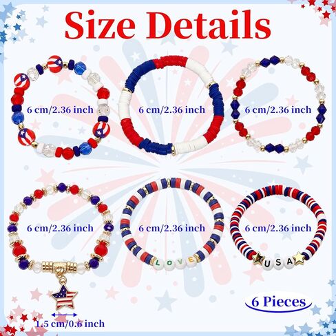 Patriotic USA Bracelets for Women Men Teens Red White Blue Clay Beaded Stackable Stretch Bracelets 4th of July Accessories Independence Day Patriotic Jewelry for Holiday Celebrations in Saudi Arabia