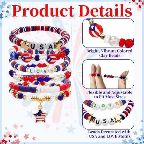 Patriotic USA Bracelets for Women Men Teens Red White Blue Clay Beaded Stackable Stretch Bracelets 4th of July Accessories Independence Day Patriotic Jewelry for Holiday Celebrations in Saudi Arabia