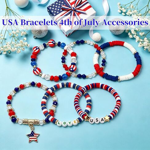 Patriotic USA Bracelets for Women Men Teens Red White Blue Clay Beaded Stackable Stretch Bracelets 4th of July Accessories Independence Day Patriotic Jewelry for Holiday Celebrations in Saudi Arabia