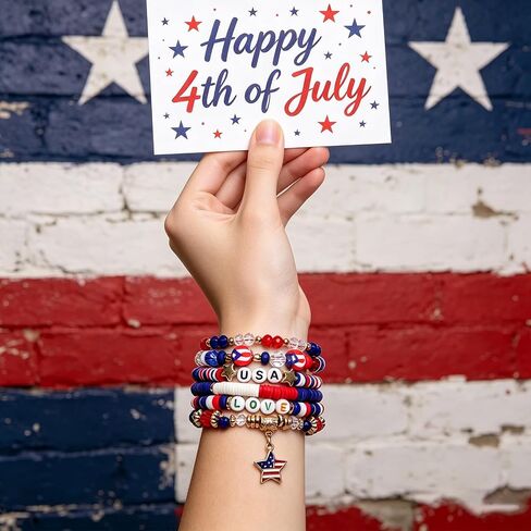 Patriotic USA Bracelets for Women Men Teens Red White Blue Clay Beaded Stackable Stretch Bracelets 4th of July Accessories Independence Day Patriotic Jewelry for Holiday Celebrations in Saudi Arabia
