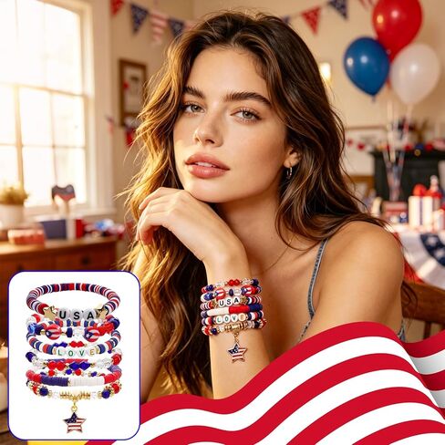 Patriotic USA Bracelets for Women Men Teens Red White Blue Clay Beaded Stackable Stretch Bracelets 4th of July Accessories Independence Day Patriotic Jewelry for Holiday Celebrations in Saudi Arabia