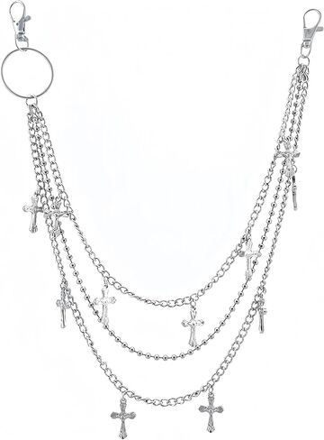 Heavy Duty Pants Chain for Men Women, Triple Layer Metal Wallet Chain with Cross Pendant, Punk Goth Biker Rock Jean Chain for Jeans, Streetwear Grunge Y2K Belt Chain Alloy Accessories in Saudi Arabia