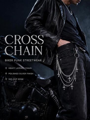 Heavy Duty Pants Chain for Men Women, Triple Layer Metal Wallet Chain with Cross Pendant, Punk Goth Biker Rock Jean Chain for Jeans, Streetwear Grunge Y2K Belt Chain Alloy Accessories in Saudi Arabia