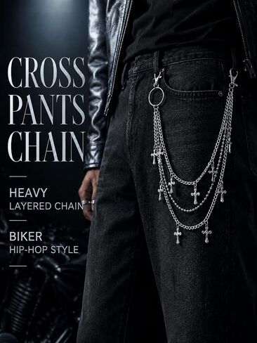 Heavy Duty Pants Chain for Men Women, Triple Layer Metal Wallet Chain with Cross Pendant, Punk Goth Biker Rock Jean Chain for Jeans, Streetwear Grunge Y2K Belt Chain Alloy Accessories in Saudi Arabia