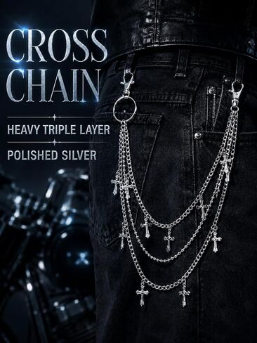 Heavy Duty Pants Chain for Men Women, Triple Layer Metal Wallet Chain with Cross Pendant, Punk Goth Biker Rock Jean Chain for Jeans, Streetwear Grunge Y2K Belt Chain Alloy Accessories in Saudi Arabia