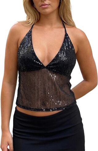 Women Sexy Sparkly Sequin Halter Backless Camisole Y2k Shiny Vneck Spaghetti Strap Tie Up Crop Tank Top Rave Clubwear in Saudi Arabia