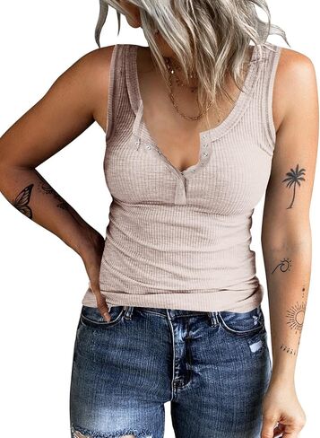 KINLONSAIR Women's Sleeveless Henley Tank Tops Summer Ribbed Button Down Casual T Shirts Slim Fit V Neck Tee Tops in Saudi Arabia