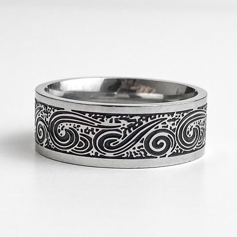 Men's Wave Ring Stainless Steel Celtic Spiral Knot Ring - Celtic Swirl Ring, Vintage Engraved Band for Gothic, Viking, and Alternative Fashion, ocean, Punk biker Talisman, Amulet in Saudi Arabia