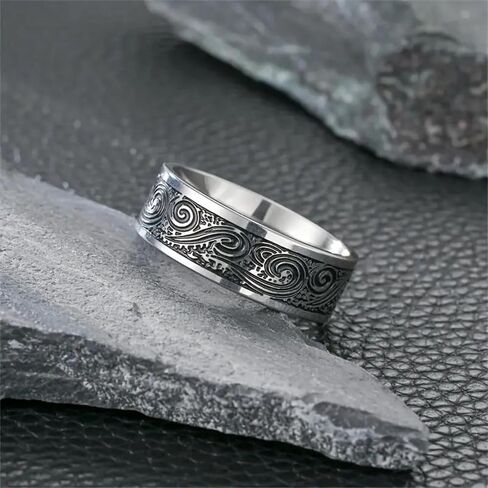 Men's Wave Ring Stainless Steel Celtic Spiral Knot Ring - Celtic Swirl Ring, Vintage Engraved Band for Gothic, Viking, and Alternative Fashion, ocean, Punk biker Talisman, Amulet in Saudi Arabia