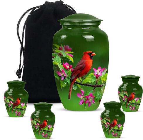 Red Cardinal Bird Urn for Ashes - Cremation Urns for Human Ashes - Green Funeral Urn for Adult Male - Small Urns for Human Keepsake - Decorative for Women (Combo 10" & 3") in Saudi Arabia