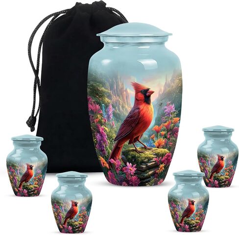 Red Cardinal Bird Urn for Ashes - Cremation Urns for Human Ashes - Green Funeral Urn for Adult Male - Small Urns for Human Keepsake - Decorative for Women (Combo 10" & 3") in Saudi Arabia