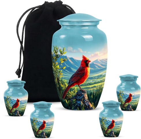 Red Cardinal Bird Urn for Ashes - Cremation Urns for Human Ashes - Green Funeral Urn for Adult Male - Small Urns for Human Keepsake - Decorative for Women (Combo 10" & 3") in Saudi Arabia
