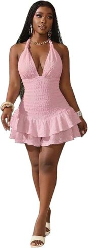 SISKIN Date Night Romper For Women Sexy Y2k V Neck Backless Halter Jumpsuit Ruffle Mini Romper Dress in Kuwait