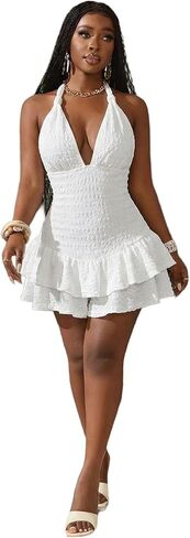 SISKIN Date Night Romper For Women Sexy Y2k V Neck Backless Halter Jumpsuit Ruffle Mini Romper Dress in Kuwait