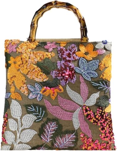 Sequin Embroidered Floral Tote Bag Women Summer Beach Bag Hobo Shoulder Handbag with Bamboo Handle for Vacation Travel in Saudi Arabia