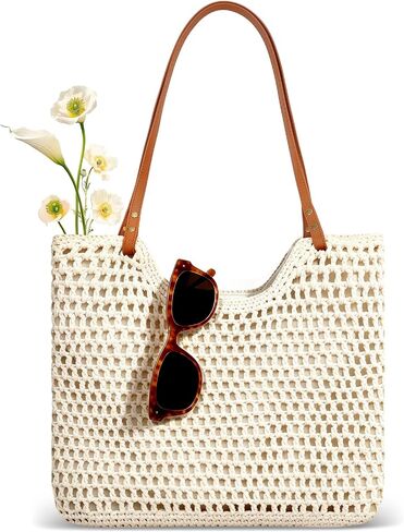 Crochet Beach Tote Bag Straw Beach Bag with Zipper Leather Strap Summer Beach bags for Women Large Shoulder Handbags in Saudi Arabia