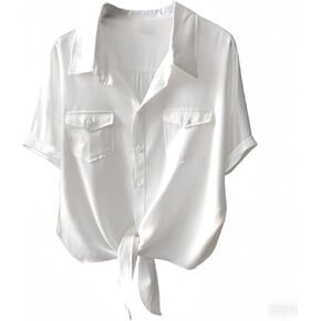 Womens Tie Front Button Down Shirt Short Sleeve V Neck Office Business Blouse Summer Casual Tops in Saudi Arabia