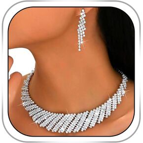 Gangel Silver Bridal Wedding Jewelry Set Rhinestone Necklace and Earring Formal Prom Crystal Choker Sets for Women in Saudi Arabia
