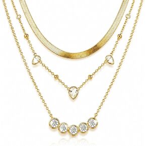 Gold Layered Necklaces for Women, 14K Gold Plated Stacking Necklace Set, Herringbone Choker Chain, Teardrop Station Chain, Cable Chain with CZ Round Diamond, Trendy Minimalist Jewelry Gift in Saudi Arabia